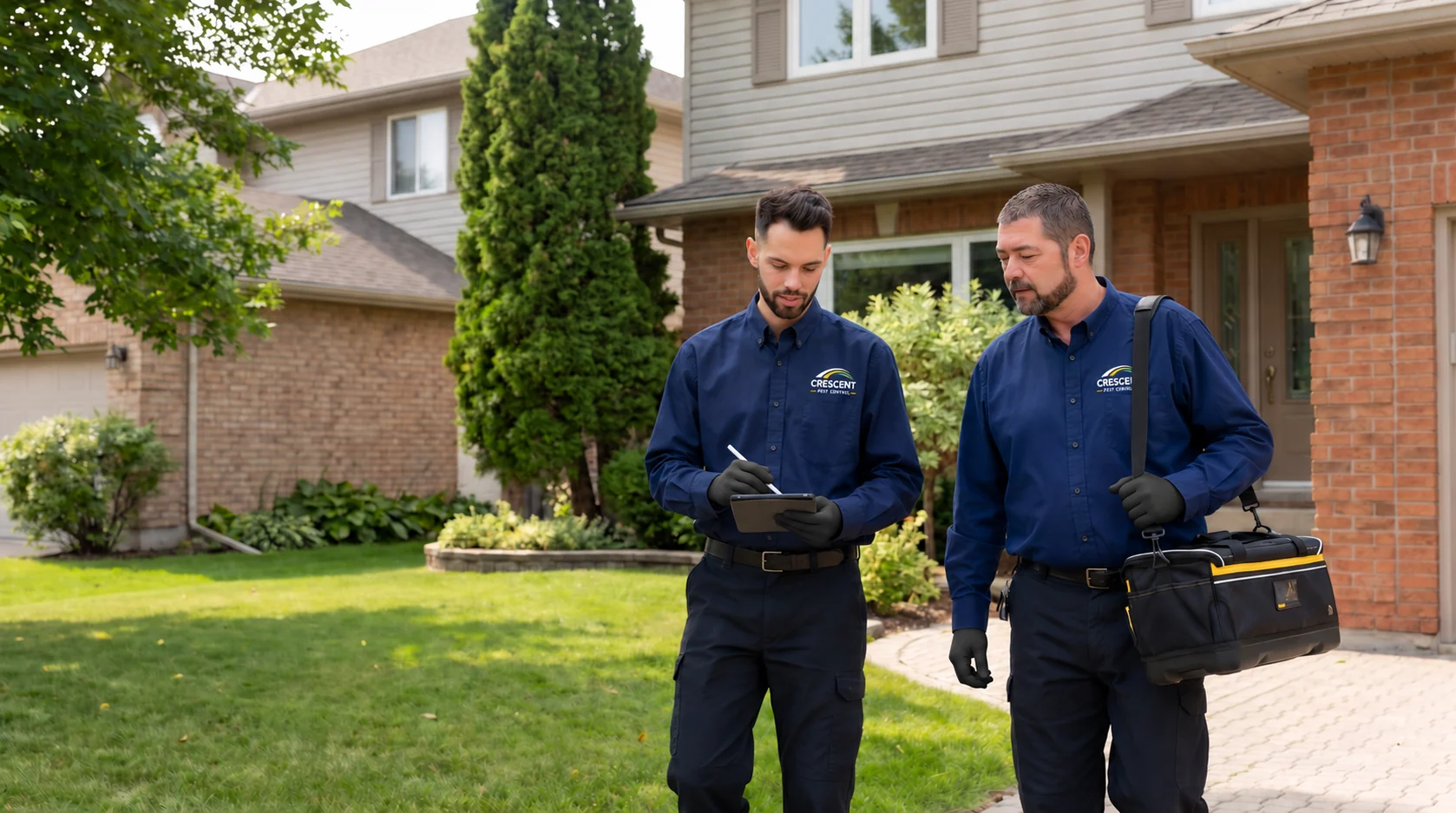 Lee Doerksen and Ben together outside a home in matching dark blue uniforms