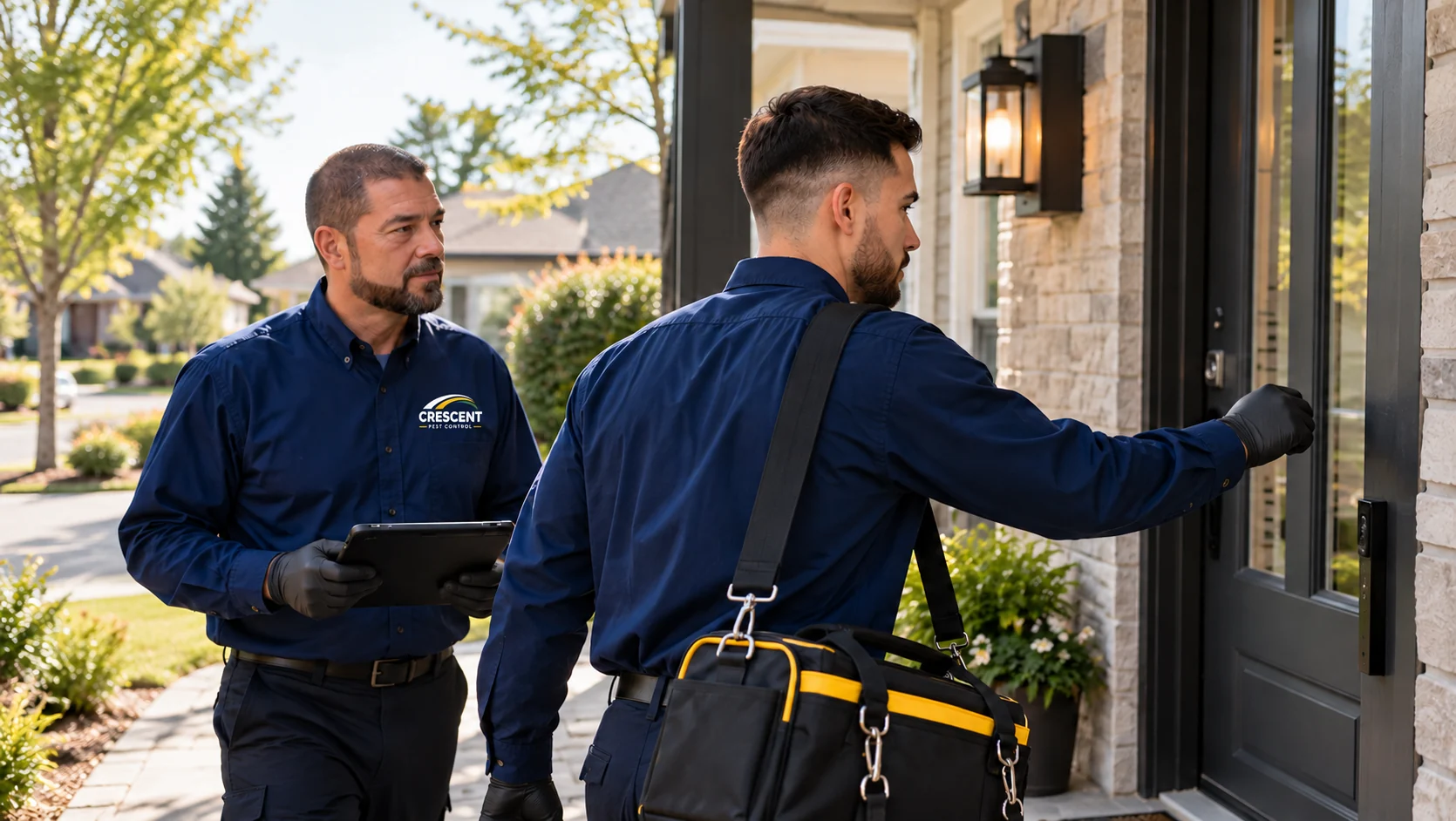 Lee and Ben examining a residential doorway during a home service visit