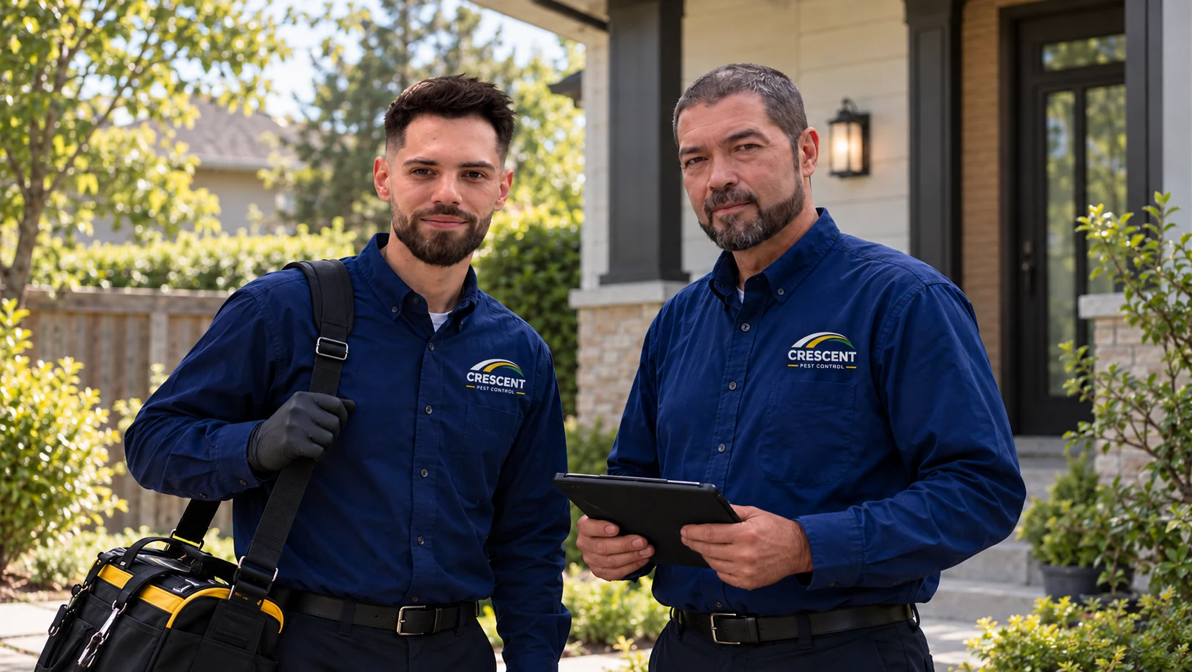Ben Doerksen and Lee Doerksen outside a home, wearing dark blue uniforms with small Crescent logo badges