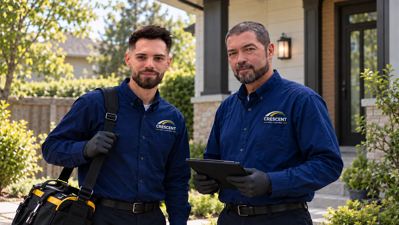 Ben Doerksen and Lee Doerksen outside a home, wearing dark blue uniforms with small Crescent logo badges