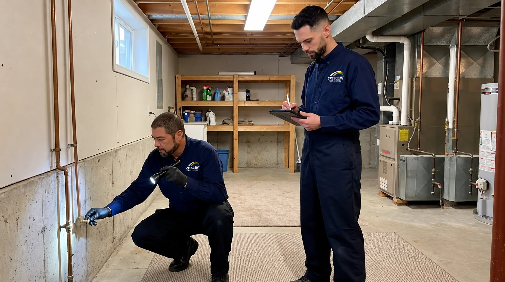 Mr. Lee inspecting a basement while Mr. Ben records notes on a tablet